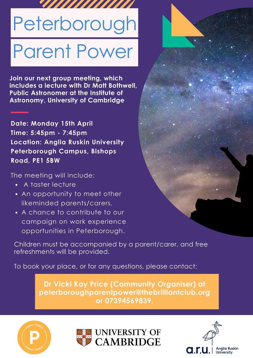 We're excited for our #Peterborough #ParentPower meeting on Monday! We'll be at @AngliaRuskin hearing from @Astronomy_Matt from @cambridge_astro🪐 Get in touch if you want to come along!💫