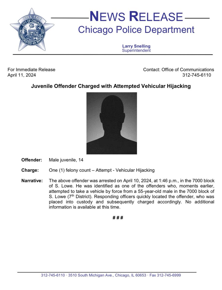 Juvenile Offender 14, Charged with Attempted Vehicular Hijacking @ChicagoCAPS07 @Area1Detectives #ChicagoPolice