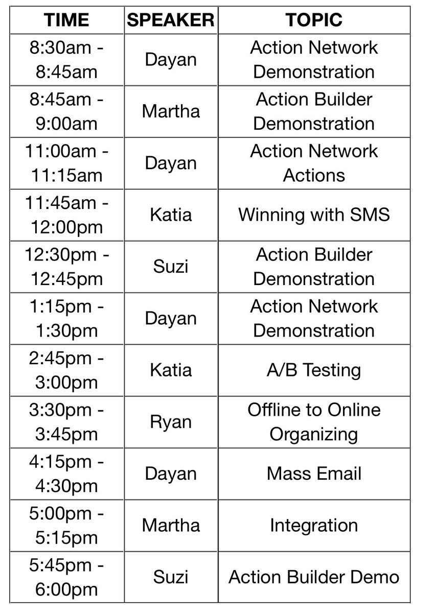 Hey @broadbent Progress Summit, come see us in the Red Cube on the Mezzanine level to see Action Network & Action Builder in action! Check out today’s demo schedule: