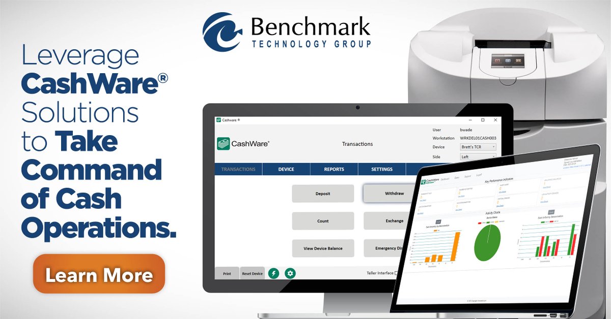 The CashWare cash automation solution and the CashWare Advisor reporting and analytics dashboard work hand in hand to give you better control of branch cash operations. 

Want to learn more? 👉ow.ly/i2CS50Rchqn
#cashautomation #branchautomation #bankingtechnology