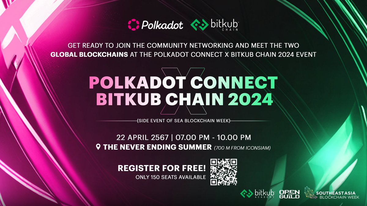 💎 Bitkub Chain is collaborating with @openguildwtf to arrange the Community Networking event to enable attendees to meet 2 renowned blockchains at @Polkadot Connect x @bitkubchain 2024 (Side Event of SEA Blockchain Week). 💚 We are now accepting applications from Web3…