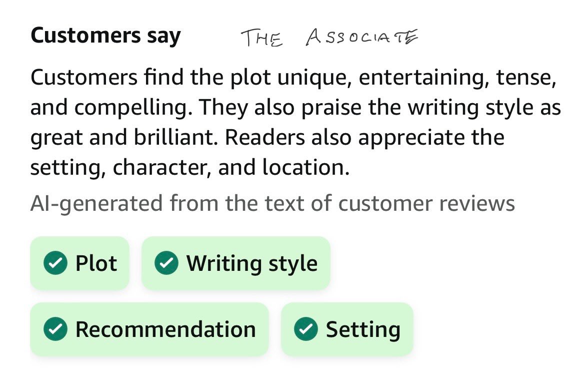 Amazon has a new ‘thing’. It now uses AI to summarise all of your reviews in a few sentences. No idea why. Maybe someone was bored. 🤷🏻‍♀️ These are the Amazon AI-generated review summaries of The Redeemer and The Associate. AI is rather uninspiring.