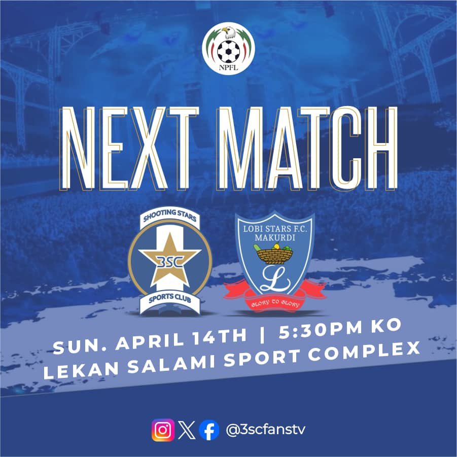 CORRECTION! 🔵 Match Day 30 Fixture Alert! 🔵 Shooting Stars SC vs. Lobi Stars 📅 Sunday, April 14 🏟️ LSS Adamasingba 🕓 Kick-off: 5:30pm Let's rally round the team, show our support and keep hope alive as we aim for a decent outing.