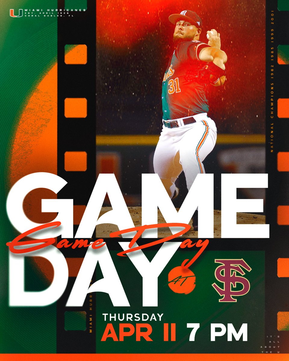 The rivalry continues tonight 🙌 🆚: No. 10 Florida State 📍: Mike Martin Field at Dick Howser Stadium ⏰: 7 p.m. 📺: canes.news/FSUACCNApril11 📊: canes.news/FSUStatsApril11