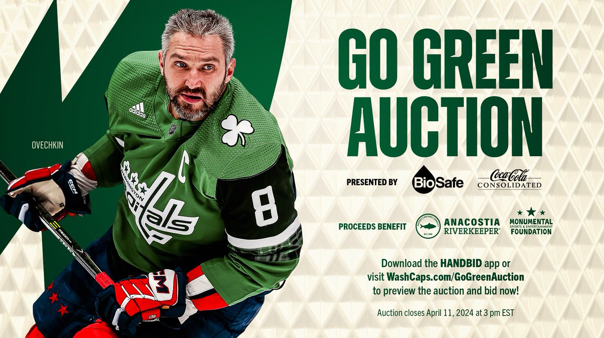 Last chance to support Anacostia Riverkeeper with the @Capitals and @MSEFndn 'Go Green’ auction, featuring green jerseys and pucks autographed by Capitals players! The auction closes TODAY at 3 PM EST. To participate, go to WashCaps.com/GoGreenAuction