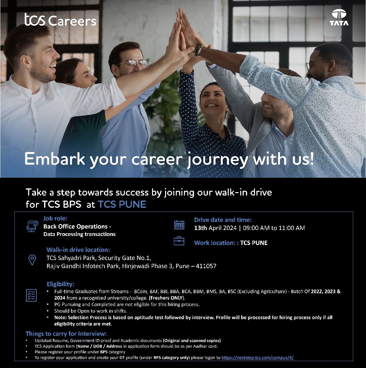 TCS Pune is conducting a Walk-in drive on April 13, 2024, Saturday. Interested students must register on the next step portal under BPS category: lnkd.in/gbs7PYtQ BA आणि BCom सारख्या पदव्या पूर्ण करून जर तुम्हाला #TCS कंपनीत नोकरी मिळत असेल तर तुम्ही खूप भाग्यवान आहात 🙏