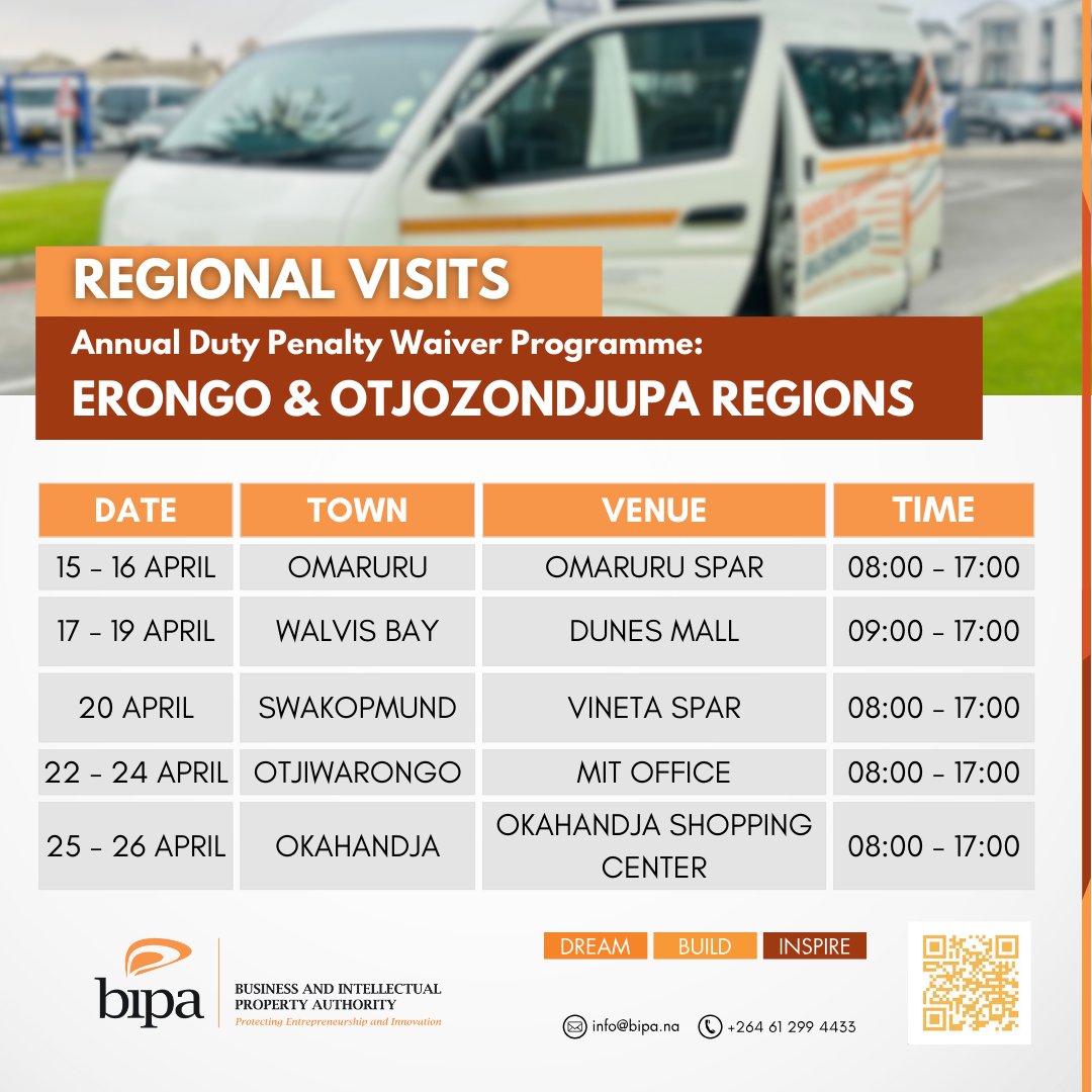 📌Venue & Time Confirmations for LEG 1 Join us for LEG 1 of the regional outreach visits of our Annual Duty Penalty Waiver Programme in the Erongo & Otjozondjupa regions. #dreambuildinspire #penaltywaiver #regionaloutreach