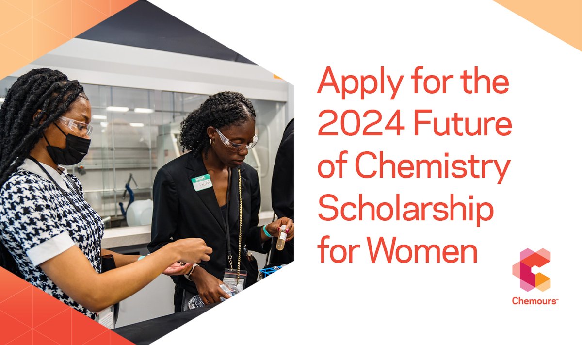 Applications for the 2024 Future of Chemistry Scholarship for Women are open through April 30, 2024! This scholarship is given by the Chemours Women’s Network to high school seniors or current postsecondary graduates studying #STEM. Learn more and apply: bit.ly/49keUaT