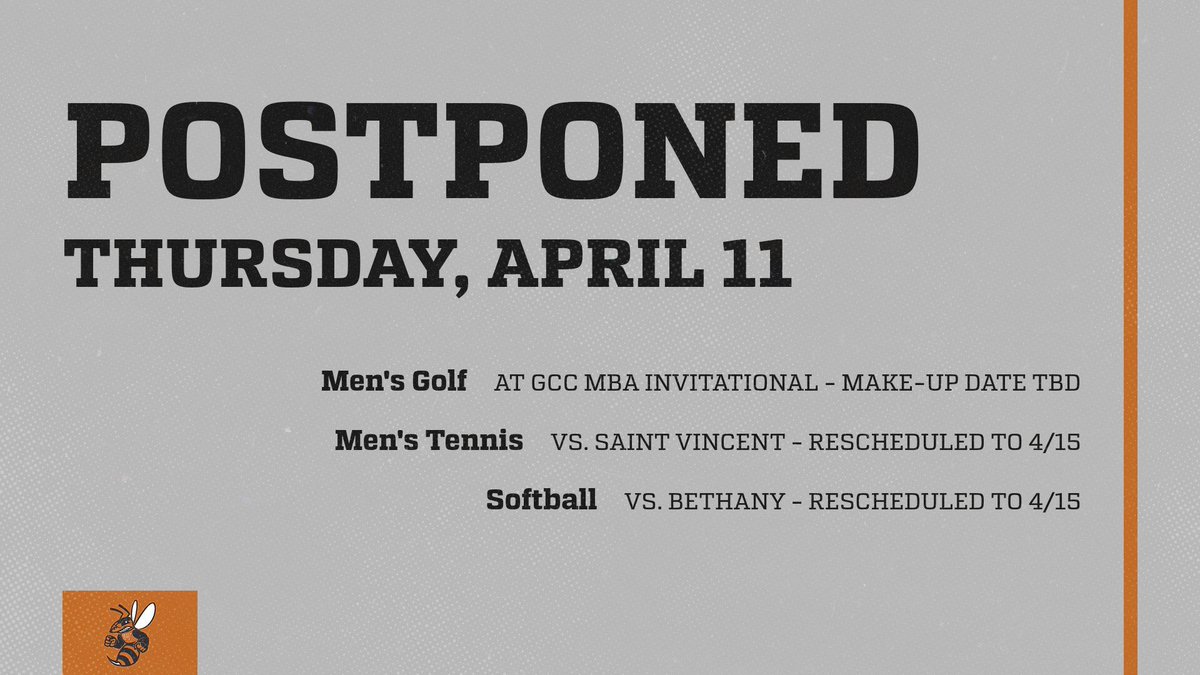 𝗣𝗢𝗦𝗧𝗣𝗢𝗡𝗘𝗗⛈️ Men's Golf, Men's Tennis and Softball have each had their events for today postponed. Men's Tennis vs. Saint Vincent and @WUJacketsSB's doubleheader against Bethany have been moved to Monday. #JacketUp🐝