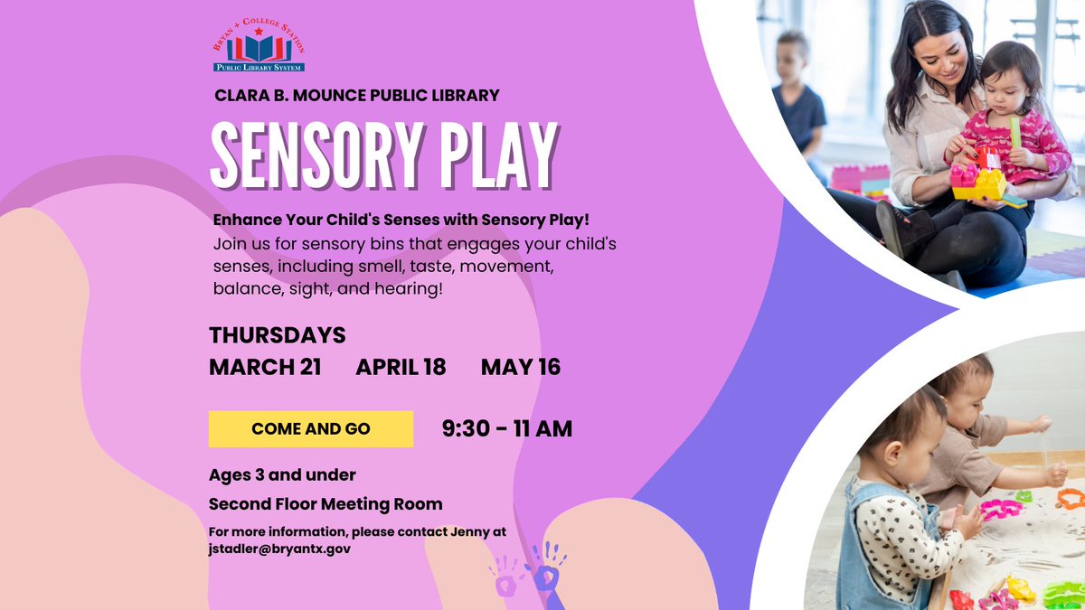 Come and play with sensory bins and toys next Thursday, April 18th, at the Mounce Library! This program is for littles ones, ages 0 to 3 years, and parents. No registration required. #bcstx #sensoryplay