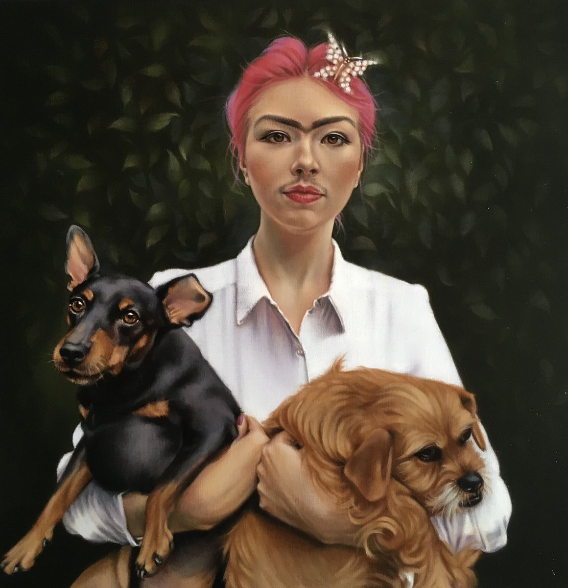 Apparently it’s National Pet Day 🐾 Here’s my 2 precious pets : Harry & Daisy being held by my daughter disguised as Frida Kahlo (don’t ask!) 🐕‍🦺🦮 #NationalPetDay2024 #dogs #FRIENDS4EVER #rescuedog #miniaturepinscher #oilpainting #portraiture
