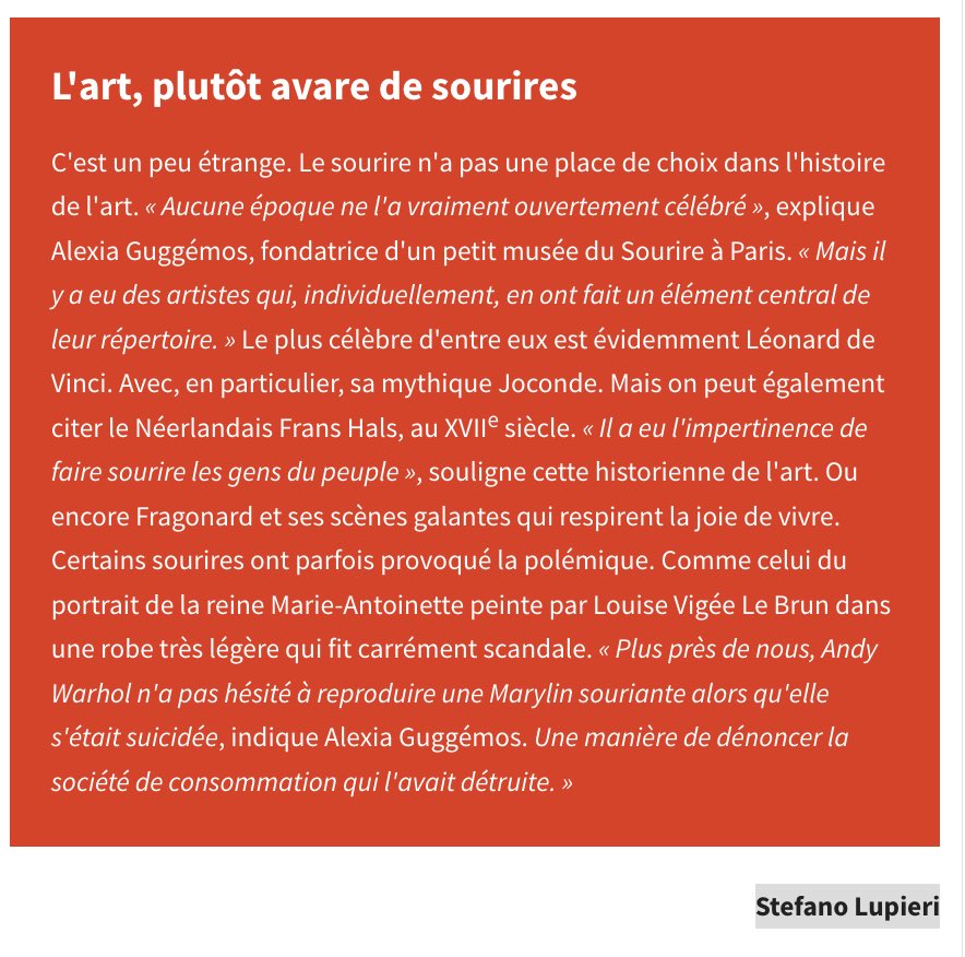 Dans cette #enquête sur le #sourire publiée le 9 avril dans  <a href="/LesEchos/">Les Echos</a> Stefano Lupieri fait une synthèse sensible de la plus subtile des expressions humaines. 🙏 

lesechos.fr/weekend/weeken…