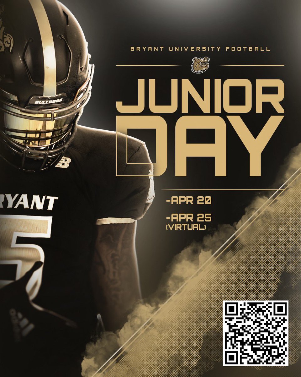 2️⃣ April 20, 2024 3️⃣ April 25, 2024 (Virtual) Bryant University Football: Junior Days ⭐️Nationally Ranked Academics⭐️ 🏈Division I Football🏈 ✍️Register using the QR Code 👍Walk ups are welcome @BryantUFootball @BryantUFBRec #ExpectToWin