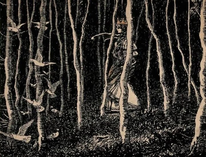 :A Princess Walking in a Forest with Birds '#illustration by Haldane Macfall, (1860 - 1928) #fairytale #HaldaneMacfall