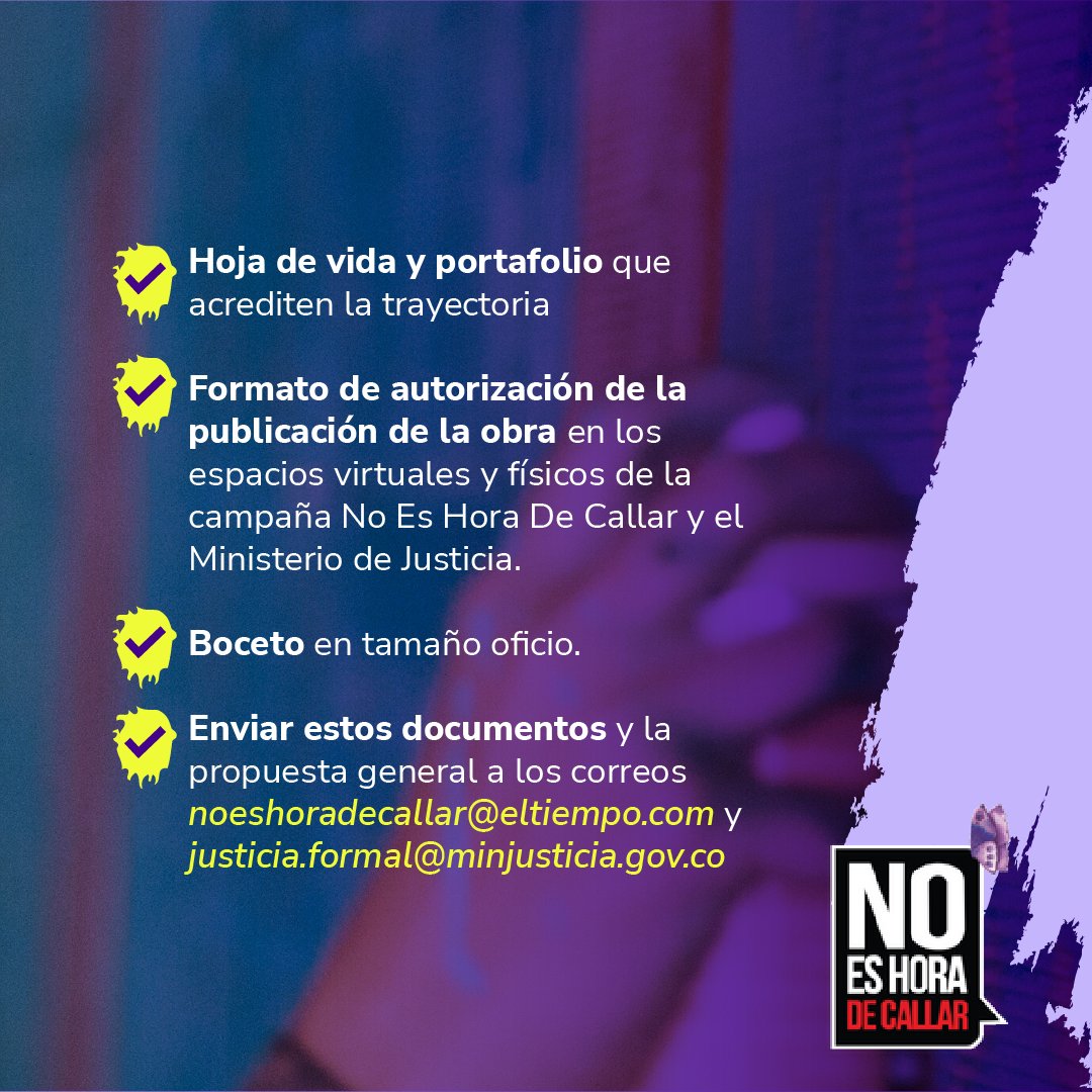 #NoEsHoraDeCallar🎨 💜 ¡Convocatoria abierta! ¡Se parte del #MuralPorLaMemoria en la cárcel La Modelo de Bogotá! ¡Participa antes del 12 de abril! 

Consulta los detalles en el enlace 👇🔗tinyurl.com/MuralPorLaMemo…