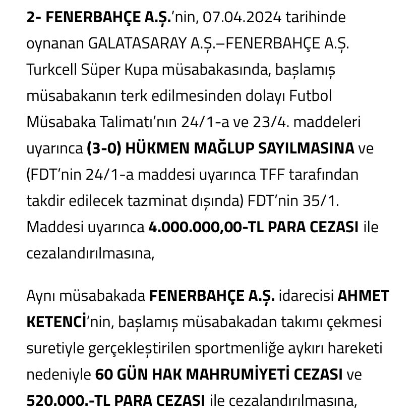 🚨 PFDK, Fenerbahçe'nin Süper Kupa maçında 3-0 hükmen mağlup sayılmasına ve 4 milyon TL para cezasına çarptırılmasına karar verdi.