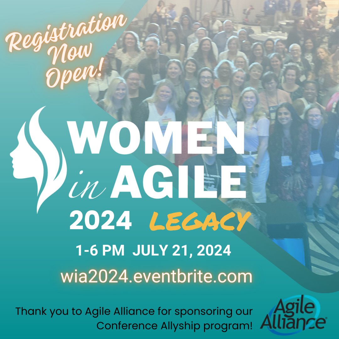 Registration for the 9th annual WiA Conference is OPEN! Join us for WiA 2024: Legacy, held alongside Agile2024 at the Gaylord Texan in Grapevine, TX. This event is July 21, 1 - 6pm CDT. Speakers and agenda coming soon! #WomenInAgile #WiA2024 #WiALegacy #Agile2024 #AgileAlliance