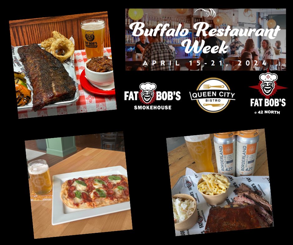🥳Restaurant week is April 16-21 + the entire Fat Bob's family is participating! #FatBobs - Baby Back Ribs Return! Dinner specials, Dinner for 2 and Lunch Special @42northbewing- Brisket + Rib Combo + Gumbo/Sandwich Special Queen City Bistro - Flatbread + Brews take center stage