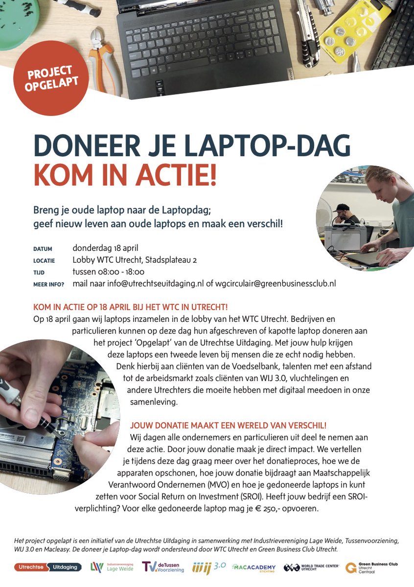 Doneer je oude laptop en maak het verschil! 💻 Op donderdag 18 april kun je jouw oude laptop doneren aan het project “Opgelapt” van de @UUitdaging. Zakelijke + privé laptops zijn welkom! Lees meer in de flyer ⬇️
