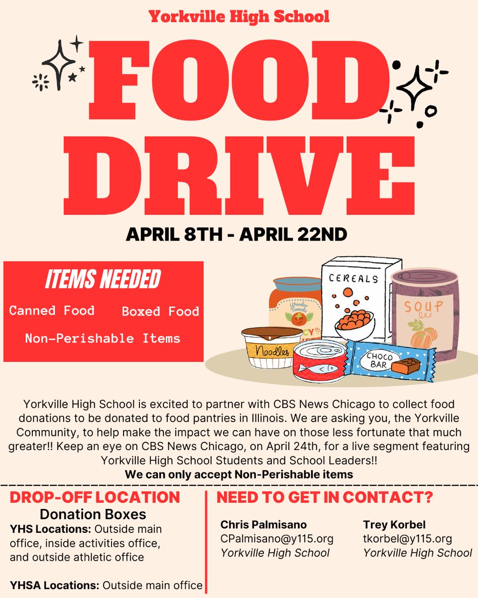 Yorkville Community Unit School District 115 (@yorkville115) on Twitter photo Yorkville High School is participating in the CBS News United Way Food Day Event to collect food for Illinois food pantries and help those in need. The food drive runs from April 8 - April 22. Please see the flyer for drop-off locations. #WeAreYorkville <a href="/115yhs/">Yorkville High School</a> Yorkville High School is participating in the CBS News United Way Food Day Event to collect food for Illinois food pantries and help those in need. The food drive runs from April 8 - April 22. Please see the flyer for drop-off locations. #WeAreYorkville <a href="/115yhs/">Yorkville High School</a>
