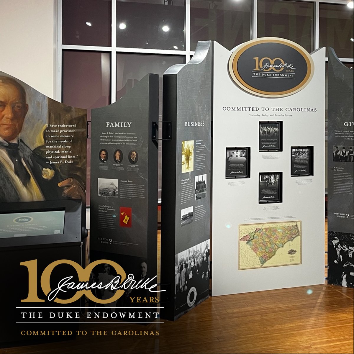 Join us in commemorating our centennial and the legacy of James B. Duke by visiting one of our exhibits. Explore online at exhibit.dukeendowment.org or visit the traveling exhibit in person at the @DavidsonCollege Library through April 30. #DukeEndowment #DukeEndowment100