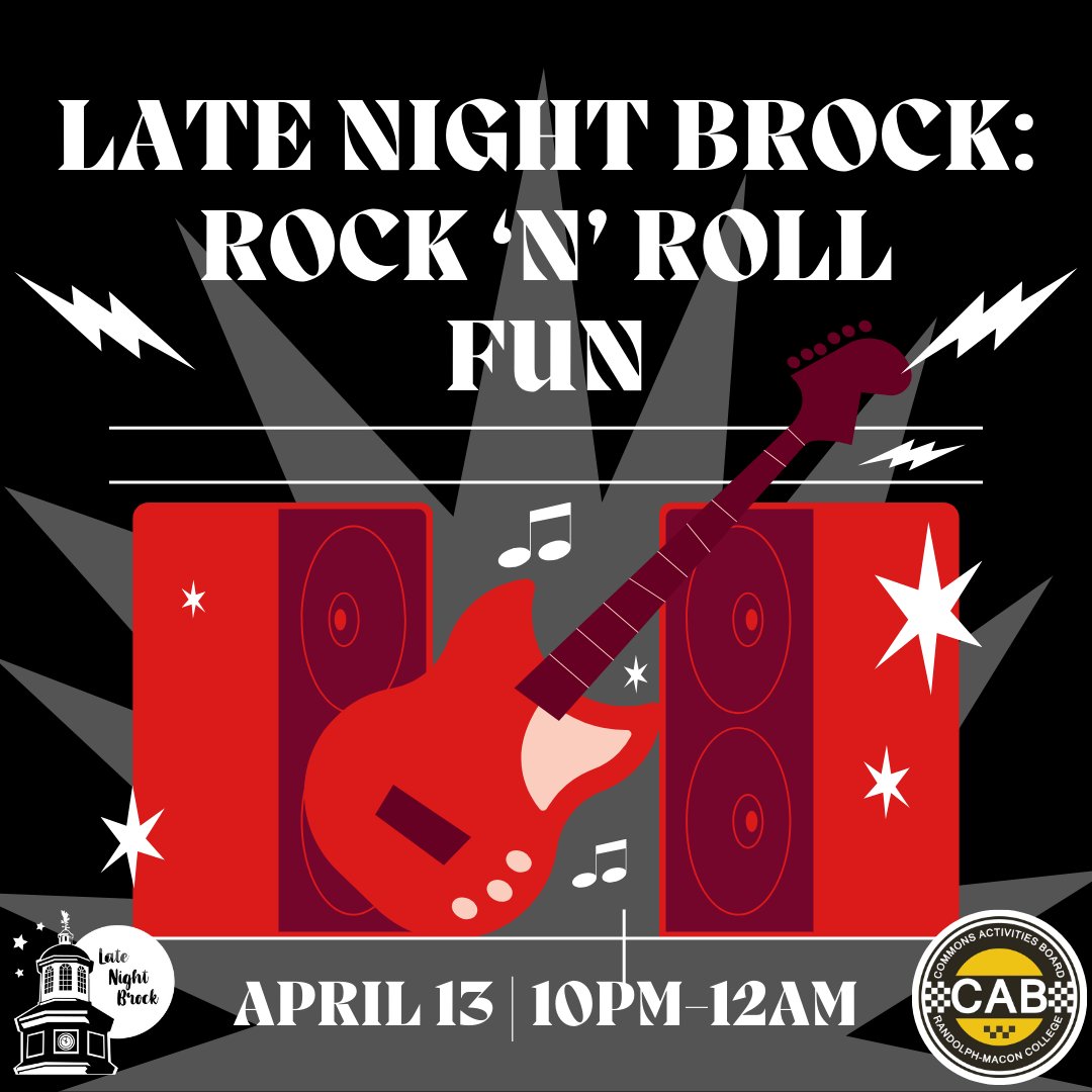 Join Commons Activities Board for Late Night Brock on April 13th from 10:00 pm to 12:00 am for a night full of fun and food! You don't want to miss it. 🎸🎵