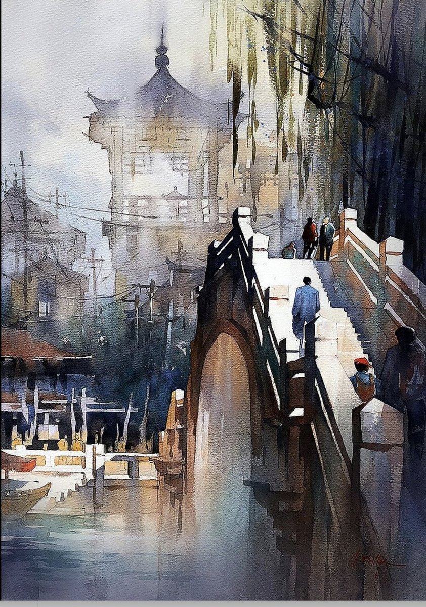 Wherever you are, no matter how it may seem, there is always a bridge to another place - another state of mind. 'Imaginary Footbridge - China' Watercolor - 24x18 inches #art #paintings #imagination #drawings #architecture