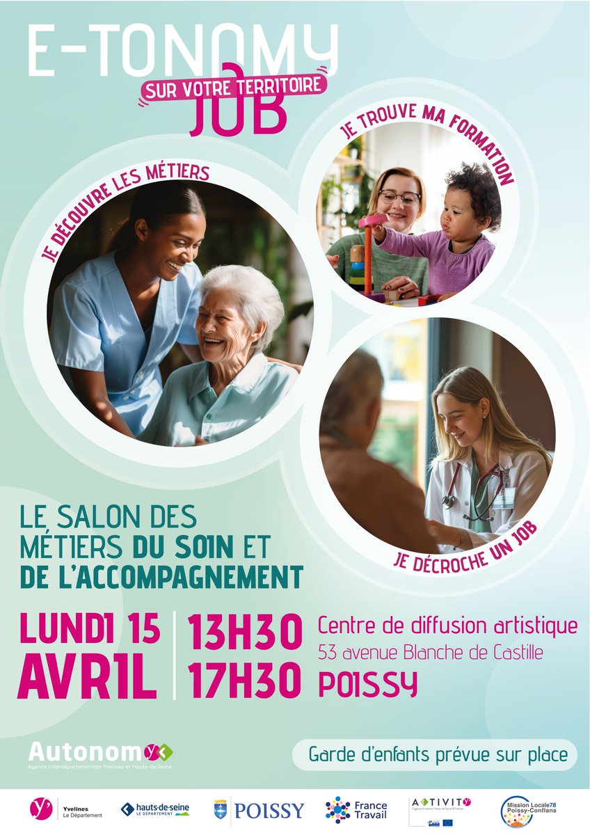 #Emploi J-3️⃣ avant le salon des métiers du soin et de l'autonomie organisé par le Département avec la @villepoissy. RDV au centre de diffusion artistique lundi 15 avril de 13h30 à 17h30 à la découverte d'offres d'emploi et de formation, d'un atelier coaching et d'animations.