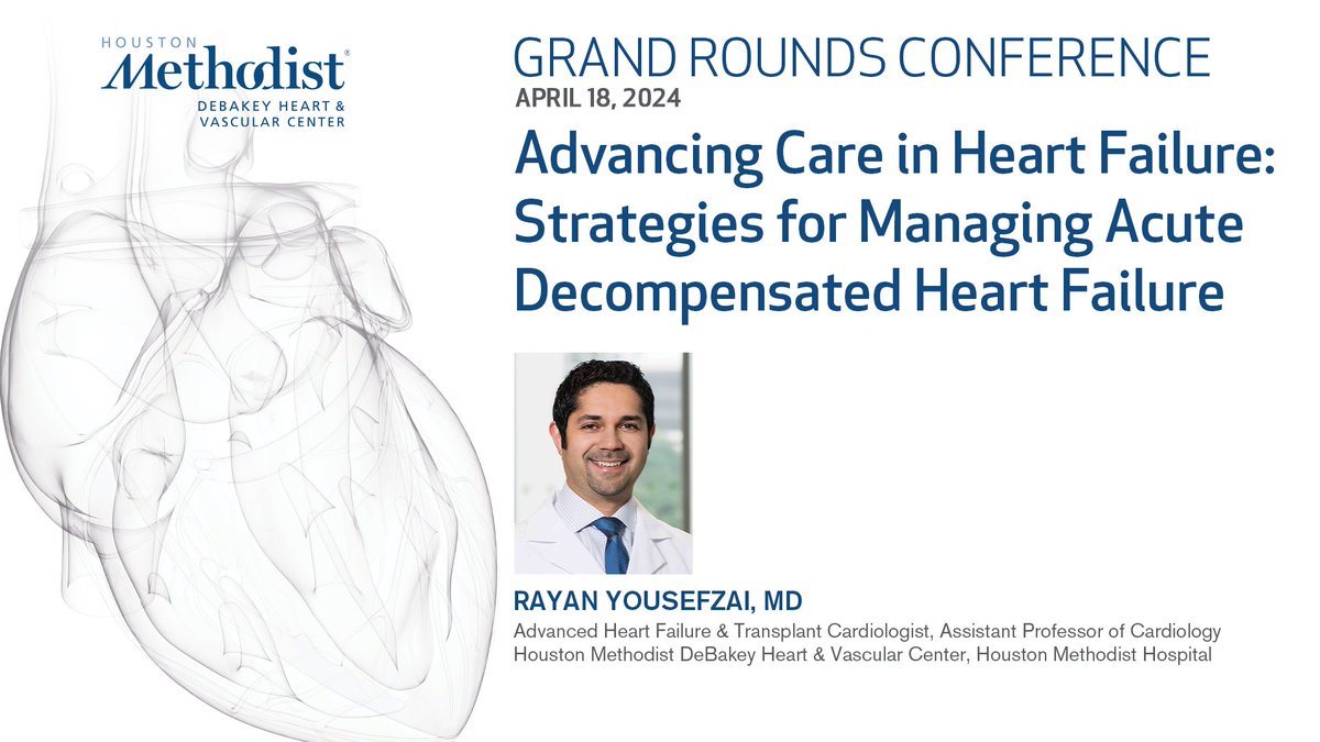 DeBakey CV Education - World Class CV Training (@debakeycvedu) on Twitter photo Join us April 18 for a Grand Rounds conference featuring Rayan Yousefzai, MD, presenting “Advancing Care in Heart Failure: Strategies for Managing Acute Decompensated Heart Failure”. Watch LIVE: bit.ly/GR041824. #CardioEd #CardioTwitter Join us April 18 for a Grand Rounds conference featuring Rayan Yousefzai, MD, presenting “Advancing Care in Heart Failure: Strategies for Managing Acute Decompensated Heart Failure”. Watch LIVE: bit.ly/GR041824. #CardioEd #CardioTwitter