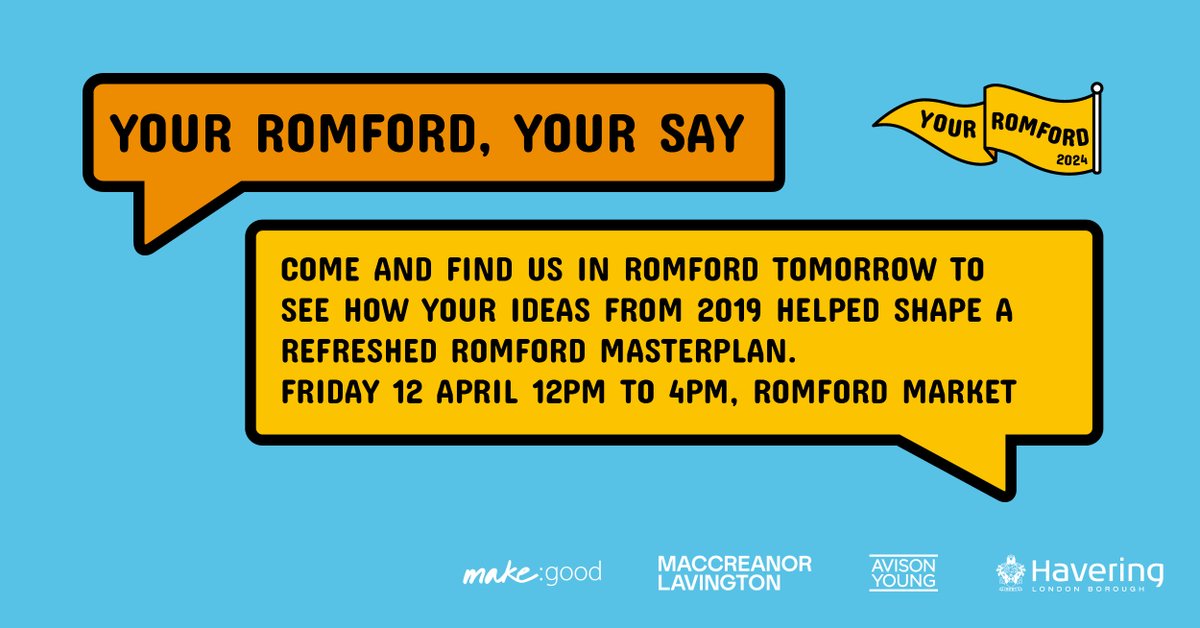 Don’t miss out on the opportunity to #HaveYourSay on the future of #YourRomford Come and see us tomorrow (Friday 12 April) between 12pm to 4pm in Romford Market. You can also head over to orlo.uk/e7xbI to fill out the online questionnaire between 8 April – 3 May 2024.