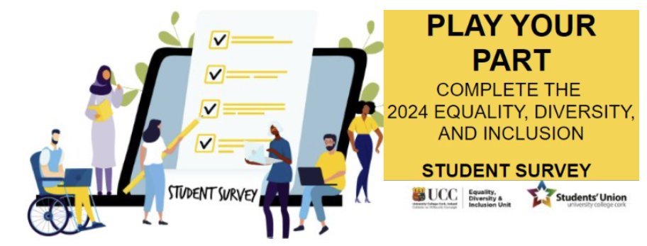 For all postgrad researchers! @UCCEquality are conducting their annual Equality, Diversity and Inclusion survey, it should take around 10 minutes to complete and gives the university incredibly important information to help make UCC more inclusive! uccadmin.fra1.qualtrics.com/jfe/form/SV_9G…