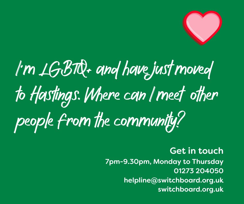💚 When you're new in town, it can be tricky knowing where to go to meet other #lgbtqia people. ▶️ If you've just moved to Hastings and are keen to develop contacts in the community, please get in touch. 👍🏼 We'll signpost you to the places to go where you can make new friends.