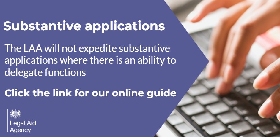 The #LAA will not expedite substantive #civil applications in cases where delegated functions are available. Contact Customer Services 0300 200 2020 if you wish to convert your substantive application 📞 CCMS guidance can be found here 👇 legalaidlearning.justice.gov.uk/course/view.ph…