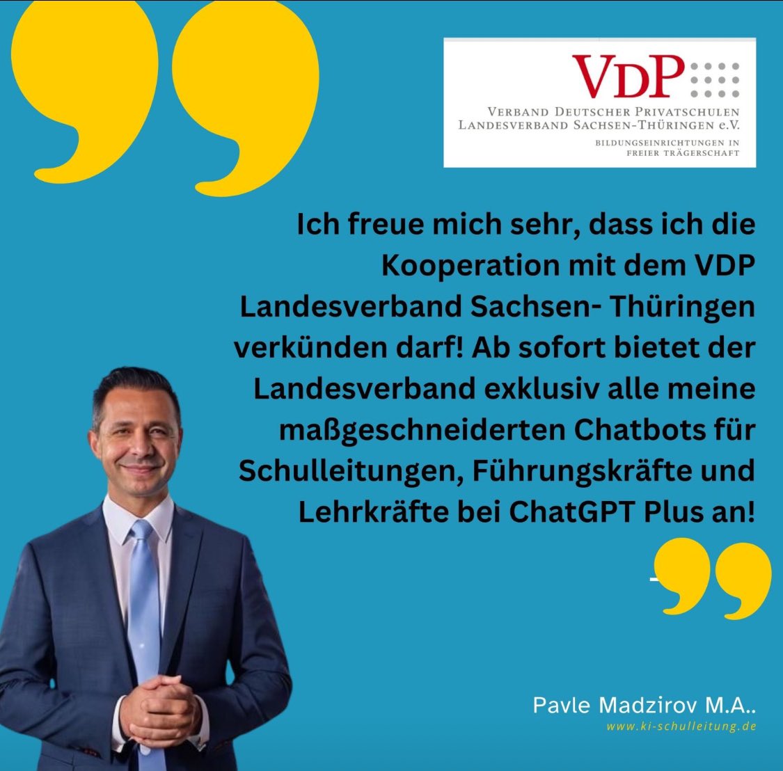Es freut mich sehr einen starken Kooperationspartner gefunden zu haben! Ab sofort sind alle meine maßgeschneiderten Chatbots für Schulleitungen/ Führungskräfte/ Lehrkräfte bei ChatGPT Plus exklusiv über den Landesverband VDP Sachsen - Thüringen zu beziehen.
#kischulleitung