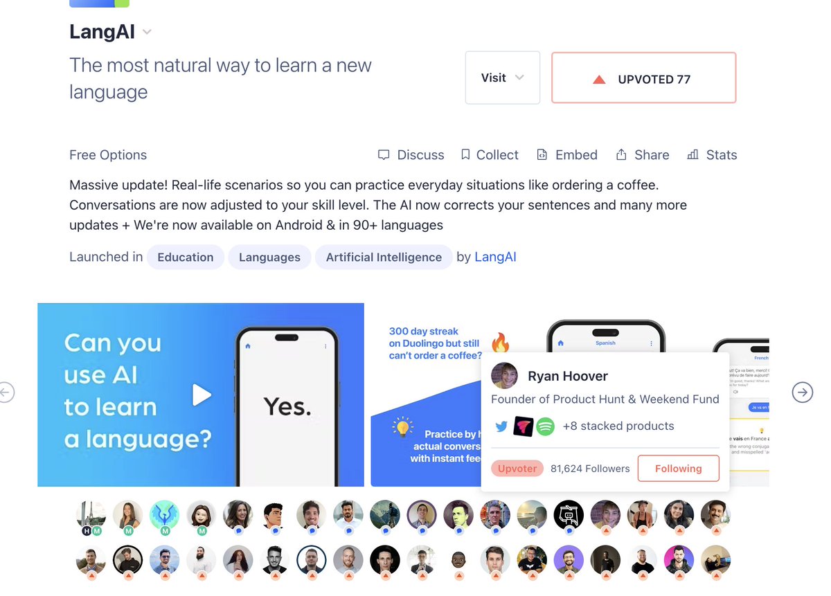 fabianmartinnyc's tweet image. When @rrhoover upvotes your product on your very first launch 🤯 Thank you 🙏

Support our launch here 👇
producthunt.com/posts/langai-2