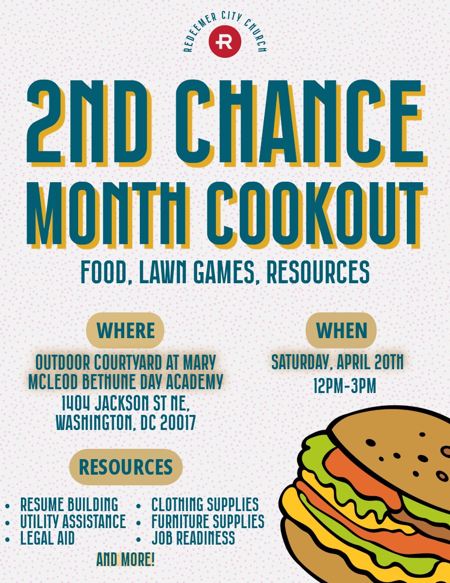 In just a few weeks @redeemerdc will have our 2nd Chance Month Cookout. All are welcome. If you want to volunteer, email info@redeemerdc.org.