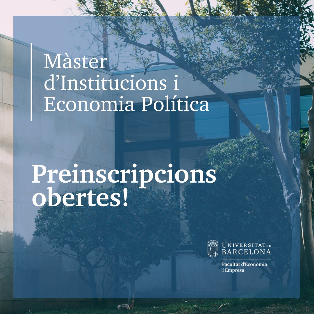 Facultat d'Economia i Empresa UB (@ubfacecoiempres) on Twitter photo 📢El #màster d’Institucions i #Economia #Política <a href="/ubmipe/">Master in Institutions and Political Economy</a> té com a objectiu formar i preparar els estudiants amb les eines teòriques i empíriques per realitzar investigacions en els camps de les institucions polítiques i el canvi polític.
👉🏽 bit.ly/3KtBW4N 📢El #màster d’Institucions i #Economia #Política <a href="/ubmipe/">Master in Institutions and Political Economy</a> té com a objectiu formar i preparar els estudiants amb les eines teòriques i empíriques per realitzar investigacions en els camps de les institucions polítiques i el canvi polític.
👉🏽 bit.ly/3KtBW4N