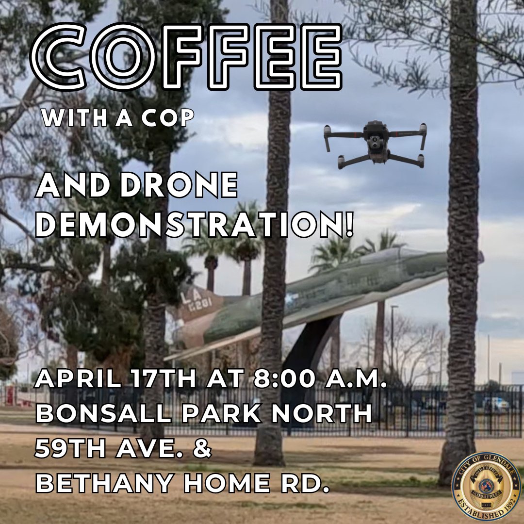 Join us for Coffee with a Cop at Bonsall Park North on April 17th at 8am! Special drone demonstration included! Come ask questions, voice concerns, and get to know the officers in your neighborhood. See you there! #CommunityPolicing #CoffeeWithACop