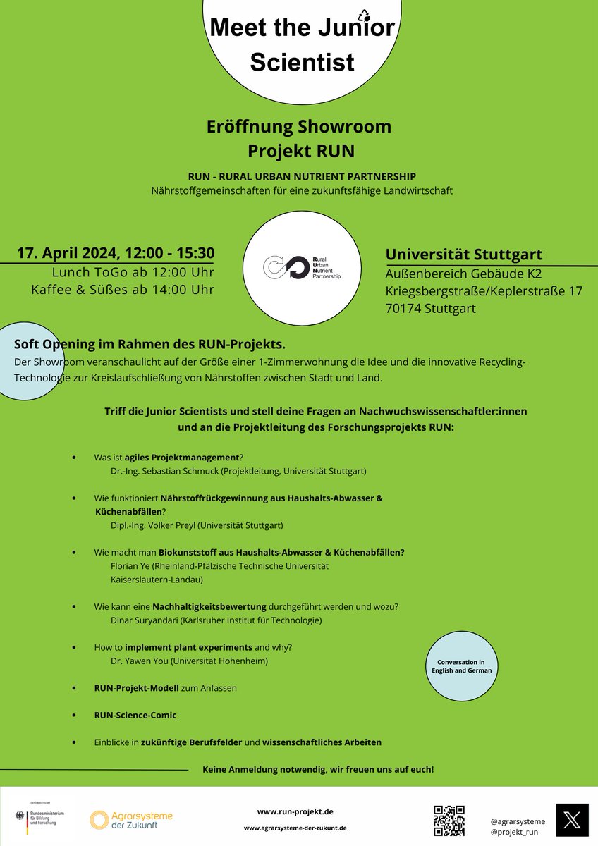 projekt_run's tweet image. Am Mittwoch, den 17.04, erwartet Euch ein aufregendes Programm. Wir eröffnen unseren Showroom vom Projekt RUN und wollen dieses Event gemeinsam mit Euch feiern. Wir laden zu einem leckeren Lunch in der Mittagspause ein. Beginn 12 Uhr.
@agrarsysteme
@UniHohenheim
@Uni_Stuttgart
