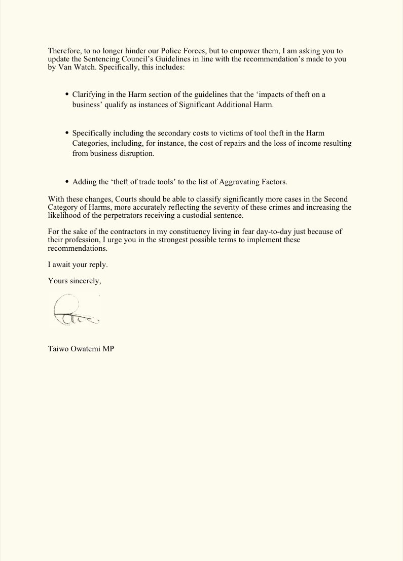 Multiple contracting companies in Coventry have fallen victim to an organised scheme of theft and violent robbery. I wrote to the Justice Secretary, @AlexChalkChelt last week, outlining the urgent need for tougher sentencing. I am still waiting for his reply. Letter below👇🏾