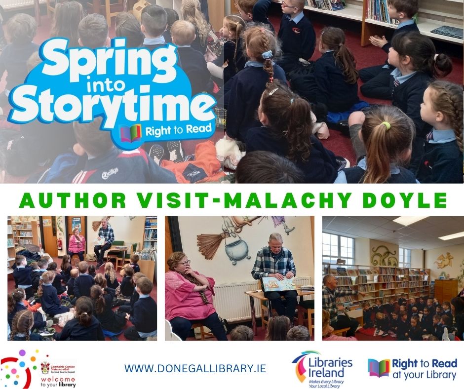Naíonáin Bheaga from Scoil Cróine at Leabharlann Phobail na Rosann this morning enjoying a storytelling session with Malachy Doyle. @SpringIntoStorytime