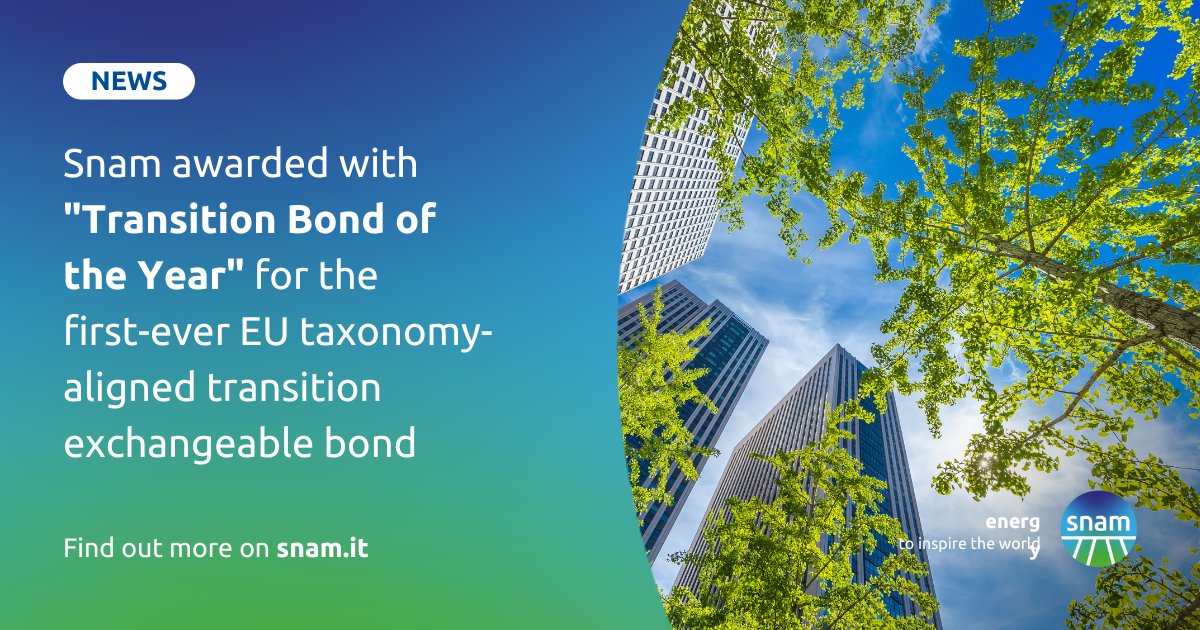 📰🇬🇧 For the second consecutive year, Snam won the #TransitionBondOfTheYear award by @Enviro_Finance for the successful placement of the EU taxonomy-aligned transition bond, first of its kind in the market ➡️ snam.it/en/media/news-…