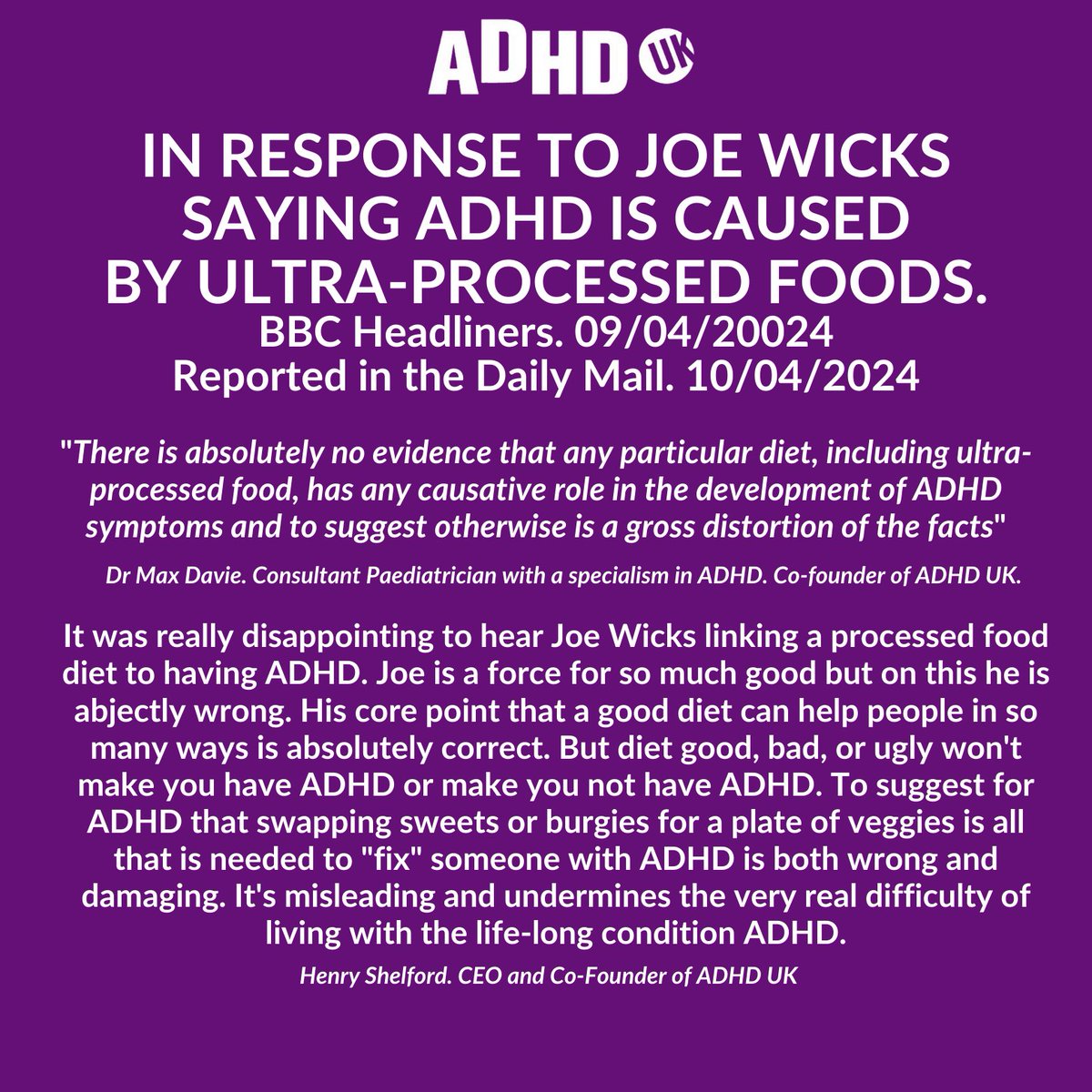 In response to Joe Wicks saying #ADHD is caused by ultra-processed foods: Joe is a force for so much good but on this he's abjectly wrong. His point that a good diet can help almost everyone is right. But diet good, bad, or ugly won't make you have ADHD or make you not have ADHD.