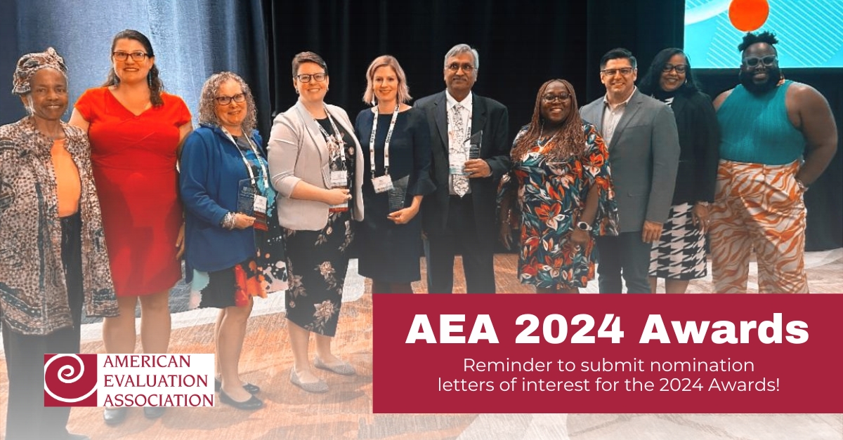Want to honor your phenomenal peers for their contributions to the evaluation field? Tomorrow is your FINAL CHANCE to submit letters of nomination for the 2024 AEA Awards! Learn more about the submission criteria and instructions: eval.org/About/Awards/S…