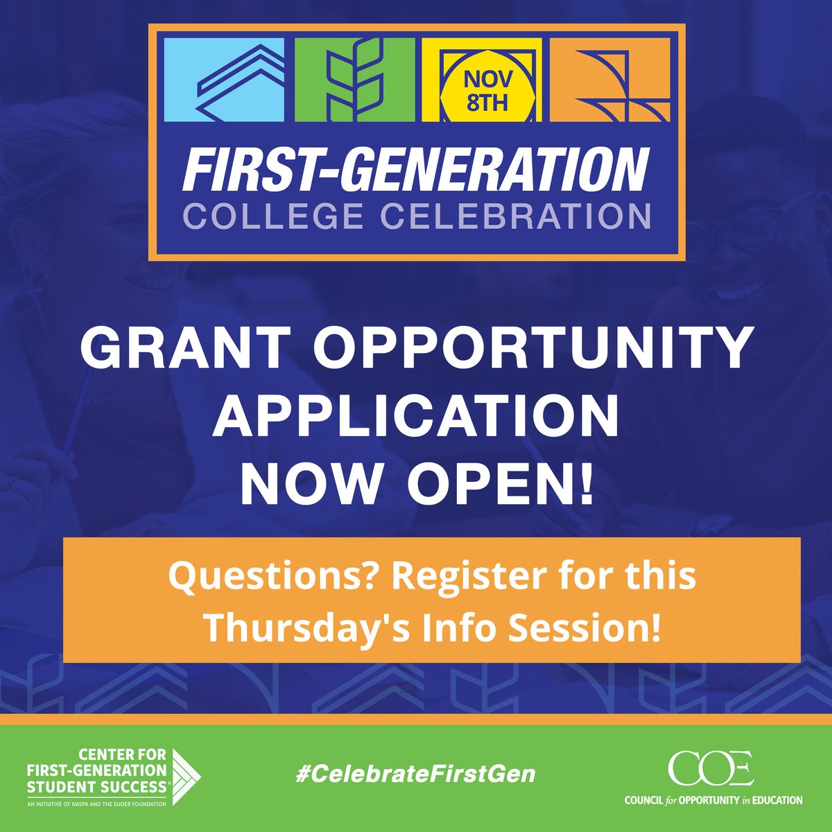 Do you have questions about the #CelebrateFirstgen grant opportunity? Then join us next Thursday, April 18, from 1-2 pm ET for an Info Session! We'll cover it all! Register for this FREE session at bit.ly/3UbkQib. Apply for the grant by 7/11 at bit.ly/CelebrateFirst…!