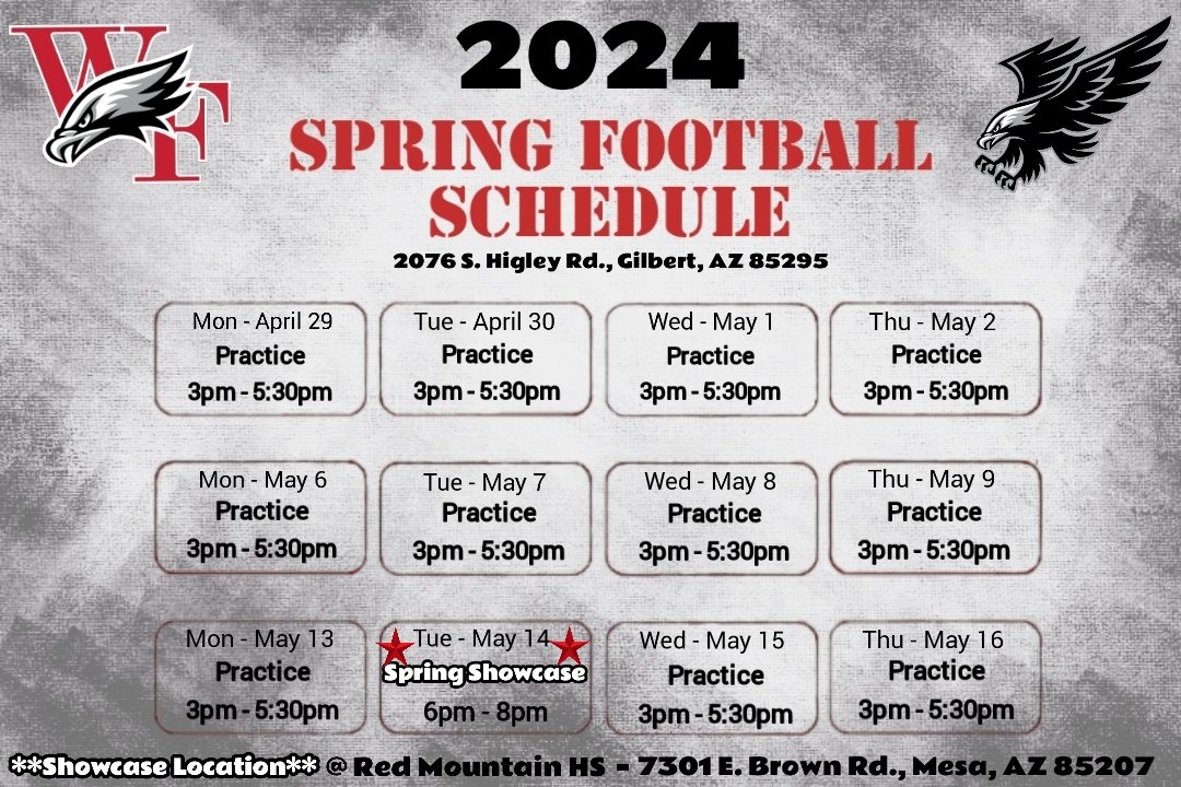 Come by and check us out at Williams Field High School for Spring Practices. We will be at the Red Mountain Spring Showcase on 5/14. We got some ballers that get it done in the classroom and on the field. Check us out! @azc_obert @JUSTCHILLY @KevinMcCabe987 @ZachAlvira…