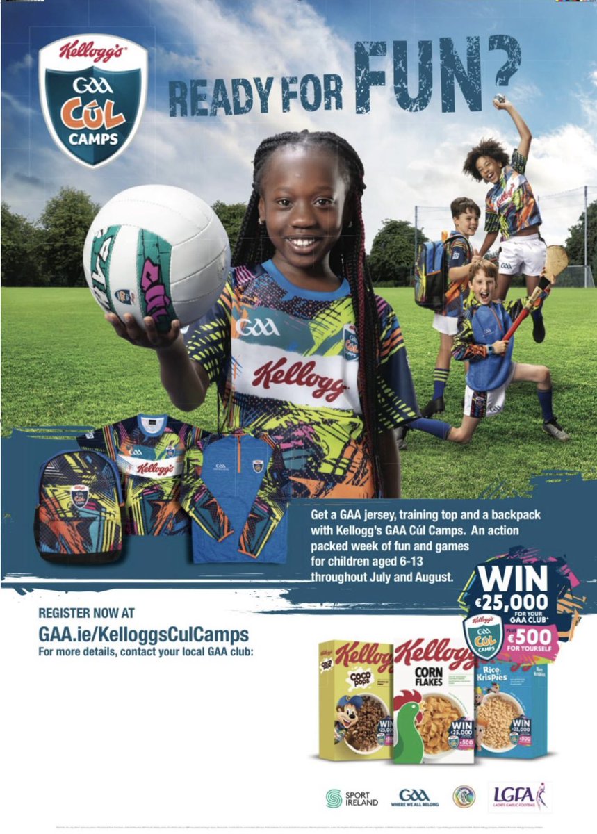 🔈Make sure to book your kids spot🔈 Register early to guarantee your child’s spot. Kelloggs Cul Camps are back for 2024. Register online at GAA.ie/KelloggsCulCam… today. Placing filling fast @sligogaa @SligoLGFA