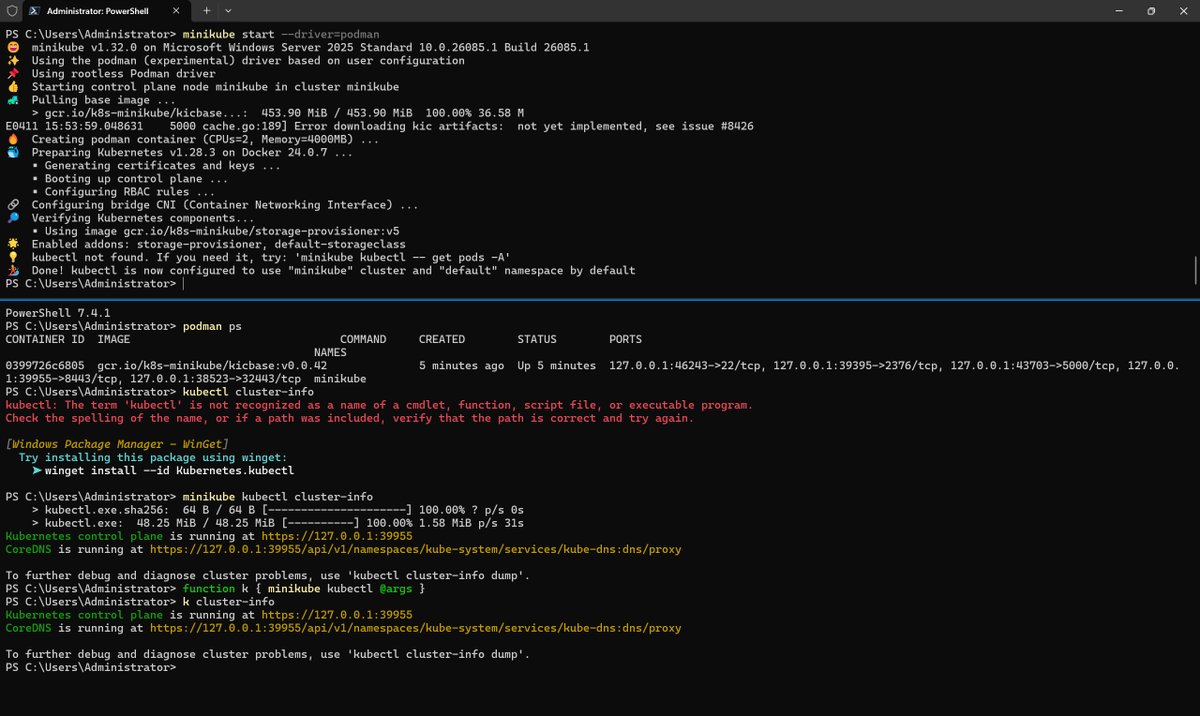 Sometimes I like to check on projects I didn't use for some time and see how much they evolved. In today's edition, meet @minikube_dev on Windows (server 2025) with a rootless podman driver (wsl2). The fact 'it just worked', literally blew my mind! The very impressed Corsair 🏴‍☠️