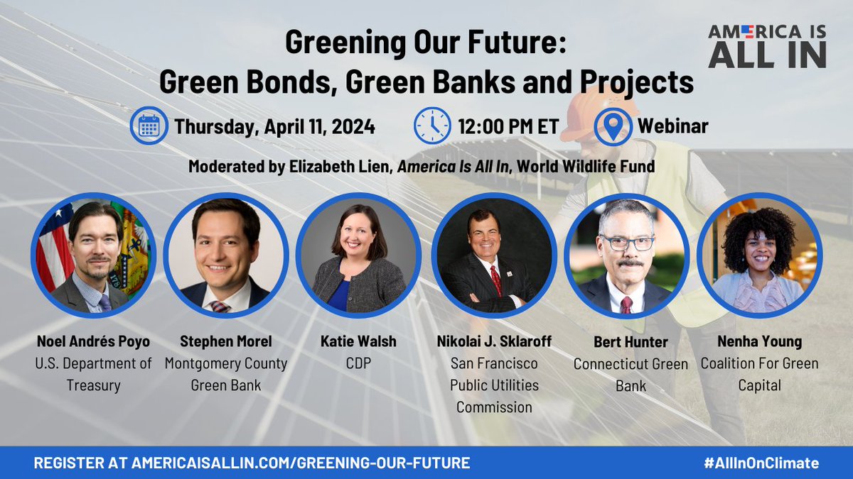 🚨IN TWO HOURS🚨 Want to learn more about the potential of #GreenBanks? Today, join us for a webinar exploring effective tools & strategies to finance sustainability projects across the United States. 📅: Thursday, April 11, 2024 ⏰: 12 PM ET Register: americaisallin.com/greening-our-f…