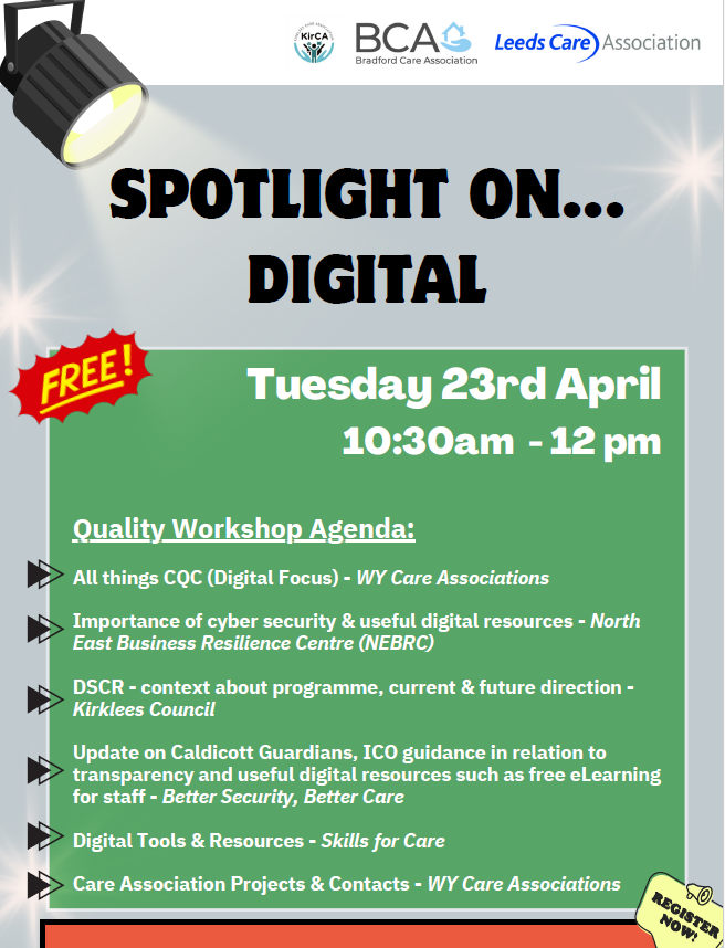 KirCA are pleased to offer a 'Spotlight on Digital' online workshop with our colleagues at Leeds Care Association and @bradford_care on 23rd April 10.30am-12pm. If you're a social care provider in West Yorkshire & haven't received an invitation DM us! #socialcare #WestYorkshire